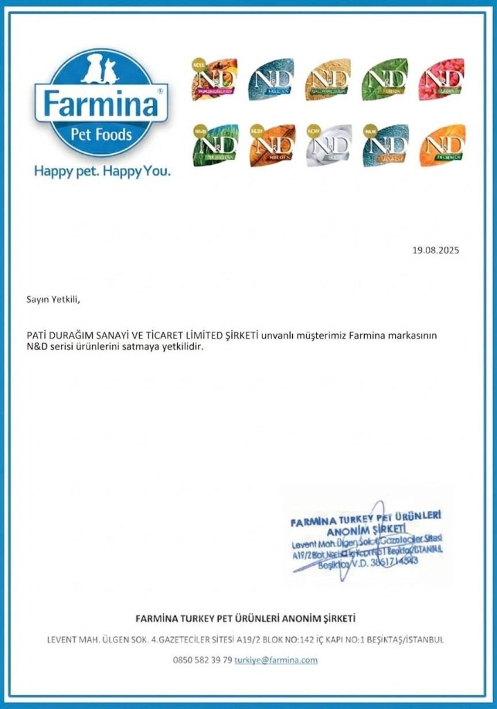 Farmina N&D Yetkili Satıcı Belgesi