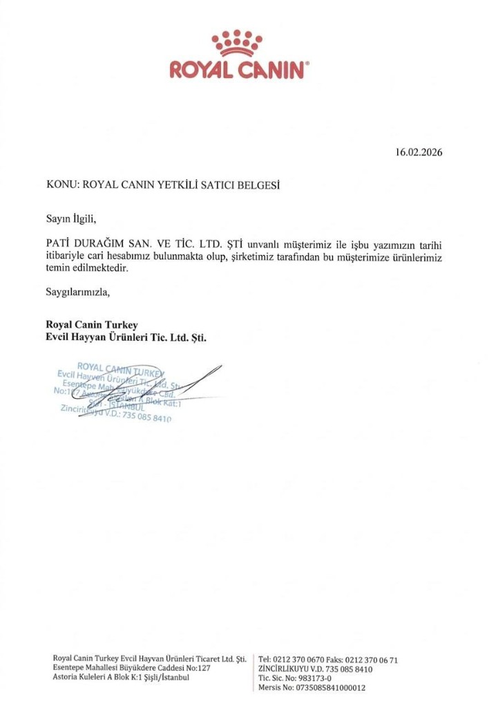 Royal Canin Yetkili Satıcı Belgesi